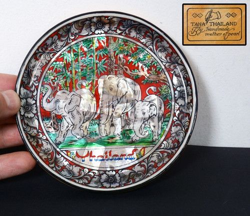 Mother of Pearl Inlaid Plate, TANA THAILAND, 12.5cm, Elephant & Flowers Design.