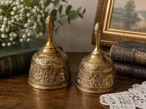 Pair of Vintage Ornate Brass Hand Bells Decorative Engraved Collectible Bells