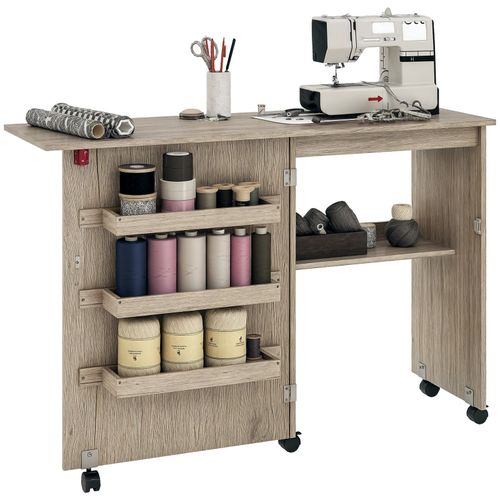 HOMCOM Folding Sewing Table Rolling Craft Table with Drop Leaf Wheels Grey — image 11