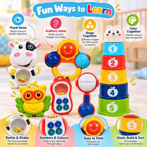 Baby Rattles And Stacking Cups Set Development Learning Activity Toys Gift Set — image 6