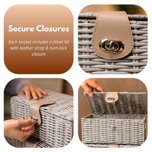 3pc Storage Basket Set - PE Wicker Woven Hamper Box Lid & Lock Stackable Home — image 13