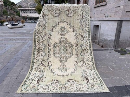 Vintage Turkish Oushak Rug 6.6x10.1 ft Neutral Ivory Floral Distressed Wool