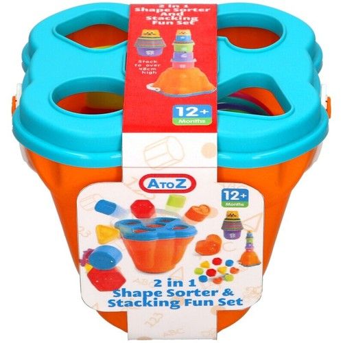 Kids Block Shape Sorter and Stacking Set Bucket 2 In 1 Bright Fun Baby Child Gam