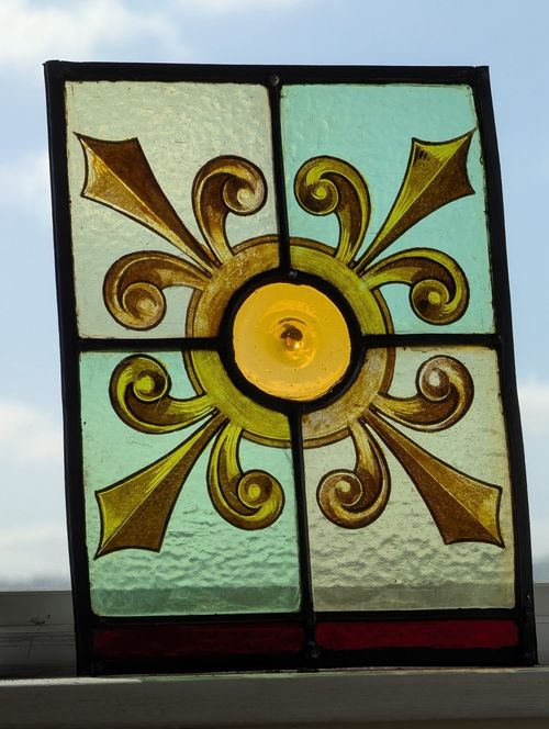 RENOVATED: Decorative Compact Victorian Stained Glass Panel Hand Painted Design — image 1
