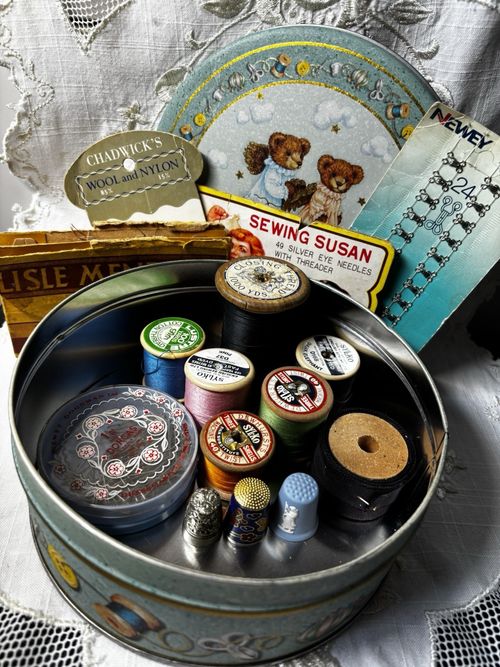 Vintage Sewing Tin Including Threads Decorative Thimbles Pins Needles Etc — image 1