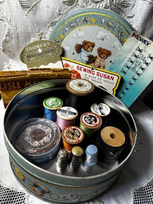 Vintage Sewing Tin Including Threads Decorative Thimbles Pins Needles Etc