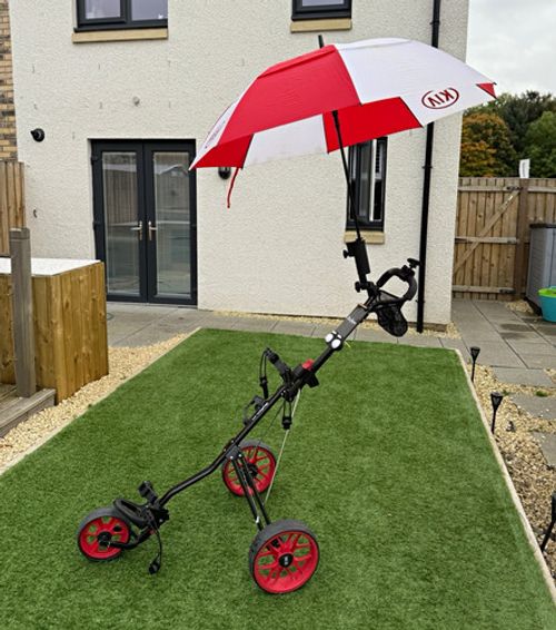 MacGregor 3-Wheel Collapsible Push Golf Trolley Cart Black/Red Umbrella Holder