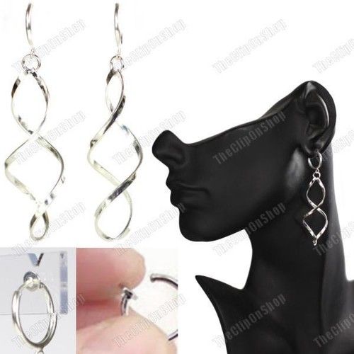 CLIP ON pierce look TWIST DROP EARRINGS silver fashion ELEGANT SPIRAL mini hoops