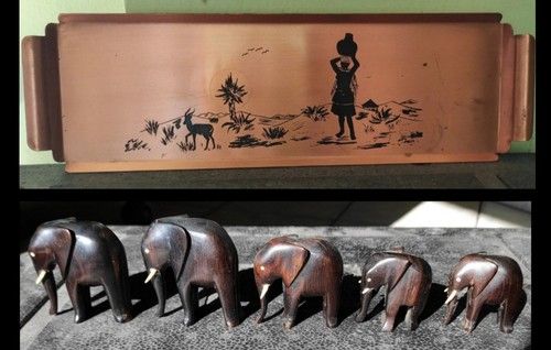 Lot Ethnic Objects, Copper Tray And Elephants From Zambia 60s/70s