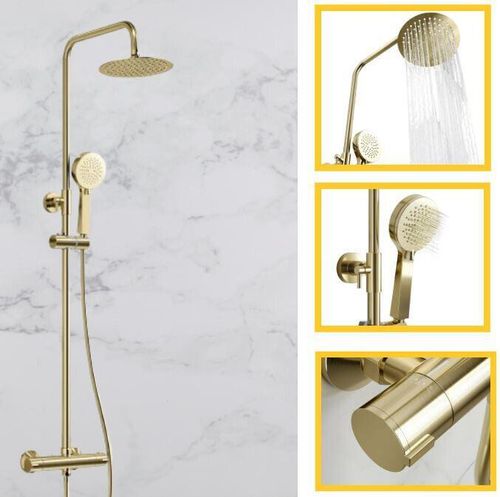 Brushed Brass Round Thermostatic Shower Rigid Riser Mixer Valve — image 3