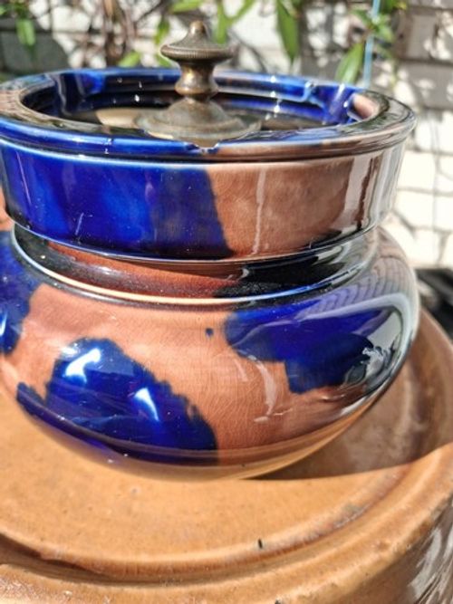 Blue & Brown Glossy Glazed Ceramic Tobacco Jar w/ Lid & Metal Handle