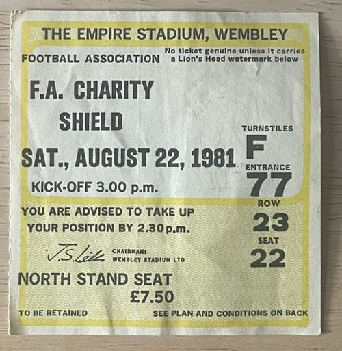 Aston Villa v Tottenham Hotspur Charity Shield Match Ticket 22.08.1981