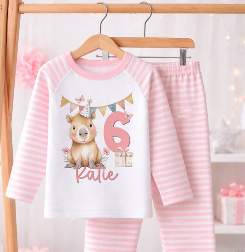 Personalised 6th Birthday Pyjamas Pink PJs Kids Girls Name Age Cotton Striped UK — image 1