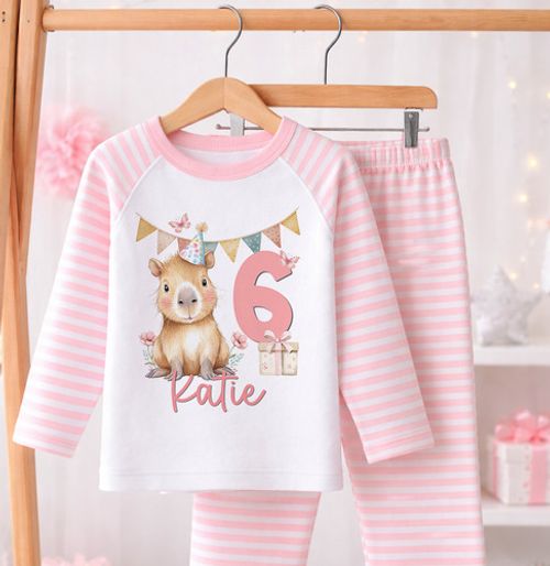 Personalised 6th Birthday Pyjamas Pink PJs Kids Girls Name Age Cotton Striped UK