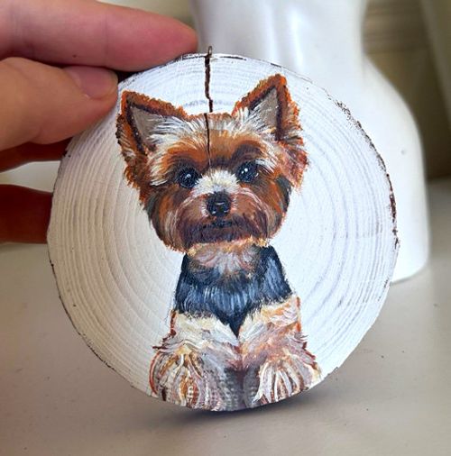 Hand Painted Wood Round Coaster Yorkshire Terrier Dog Log Slice 10cm Rustic