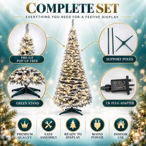 6FT Pre Lit Christmas Tree Pop Up LED Lights Decorated Snowy Indoor Xmas Decor — image 4