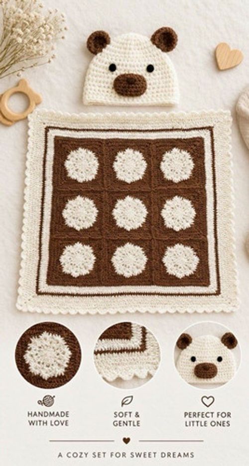 Handmade Crochet Winter Blanket Hat Set white chocolate brown snowflakes newborn