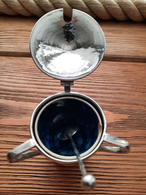 A. E. Jones Arts & Crafts Silver Mustard Pot With Spoon And Ruskin Pottery Liner — image 4