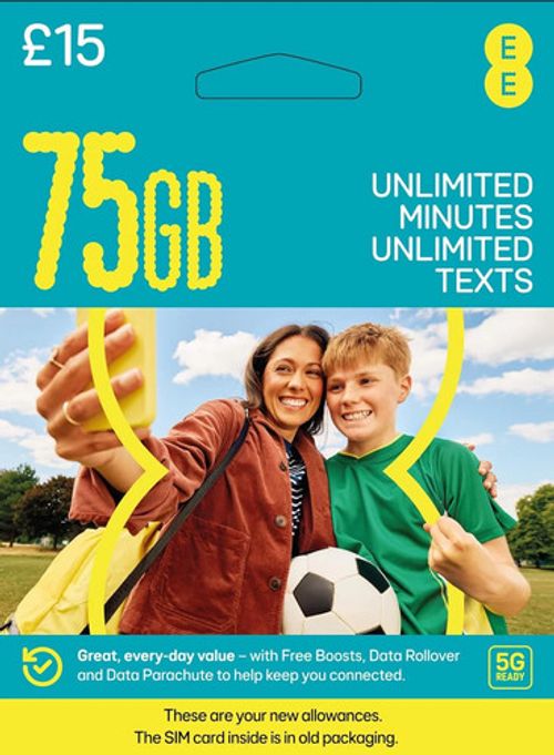 EE Pay As You Go SIM 75GB Data Unlimited Calls Texts UK 5G Nano SIM