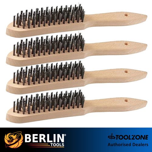 4x Wire Brush 4 Row Rust Cleaning Handle Steel Wooden Heavy Duty Metal Removal