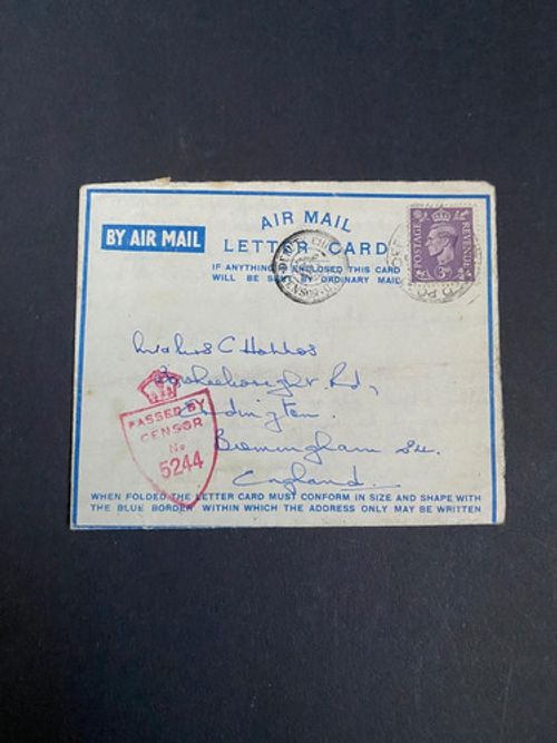 1945 India WWII Air Mail Letter Card – Handwritten Letter, Passed Censor, Postal