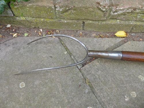 Vintage Pitch Fork - hay fork - 2 Prong Old Farm Tool. Long wooden handle. — image 5
