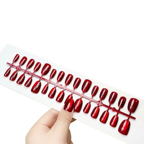 Press on Nails Short Almond Burgundy Wine Red Cat Eye False Nails With Glue Tabs — image 2