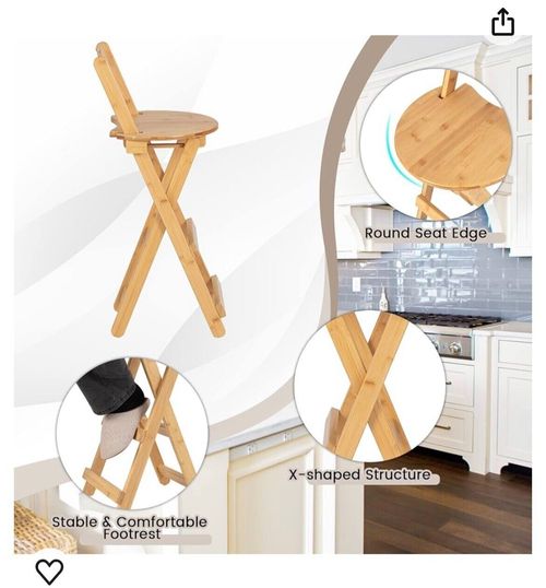 Bar Stool Foldable Bamboo Kitchen Stool with Back Support Bar Chair Portable — image 5