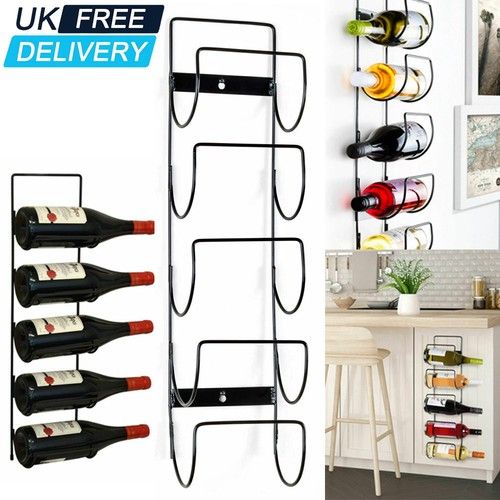 5 Bottle Wine Rack Black Metal Wall Mounted Storage Holder Shelf Kitchen Vine UK