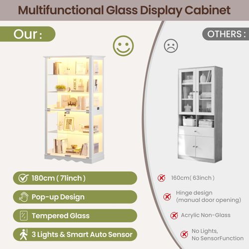 Display Cabinet Glass Doors 3-Colour LED Lights Human Sensor Adjustable Shelves — image 3