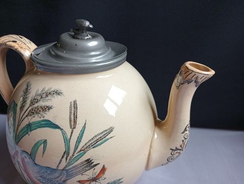 Antique Teapot Pottery + Pewter Lid Bird Robin Butterflies Insects Transferware — image 4