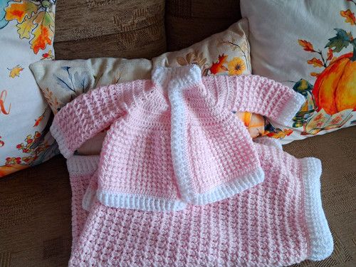 Handmade Crochet Baby Cardigan Jumper & Blanket Set 3-6 Months Pink/White