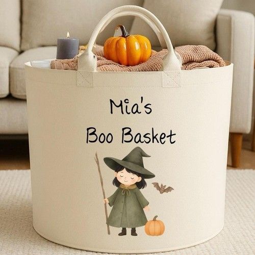 Halloween Gift Personalised Witch Boo Basket Trug 50L Felt Storage 40x40cm