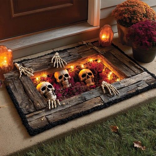 Skeleton Pit Halloween Rug, Fire Trapdoor Optical Illusion Spooky Floor Mat UK
