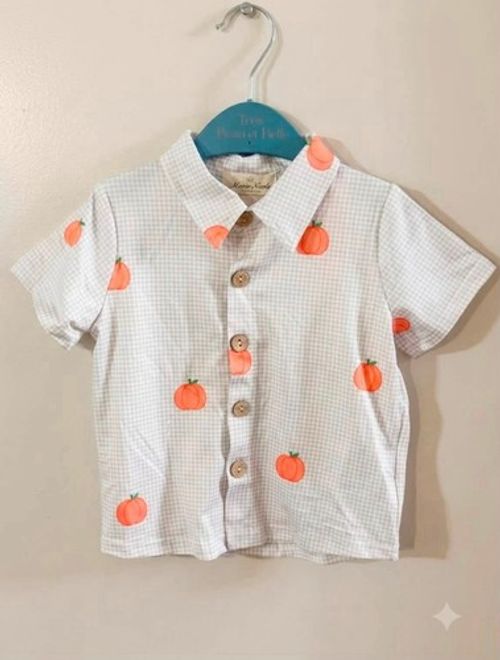 Marie Nicole Gray/Orange Gingham Pumpkin Collared Short Sleeve Button-Up Shirt