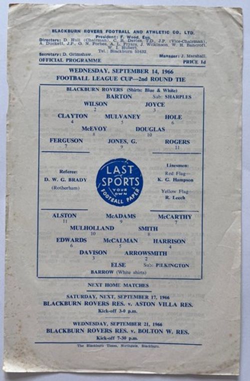 Blackburn Rovers v Barrow League Cup 2nd Round 14th September 1966