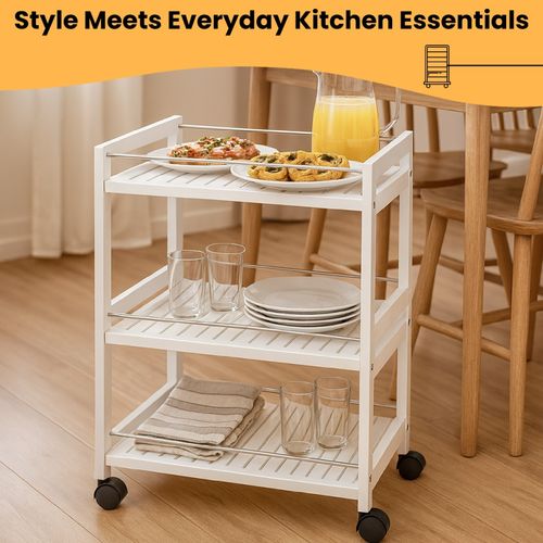 3-Tier Wooden Trolley on Wheels Kitchen Storage Serving Rolling Cart Steel Bars — image 2