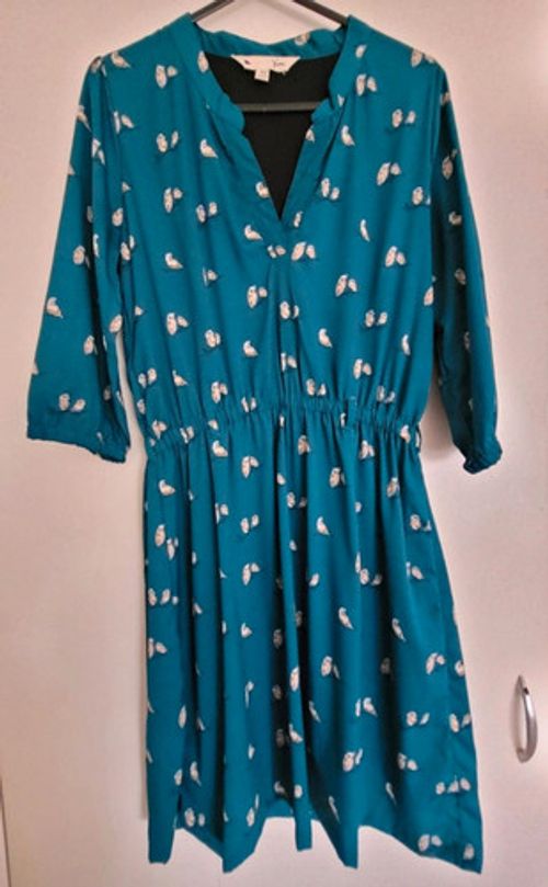 Yumi Teal Bird Print V-Neck 3/4 Sleeve Fit & Flare Knee Dress UK 8