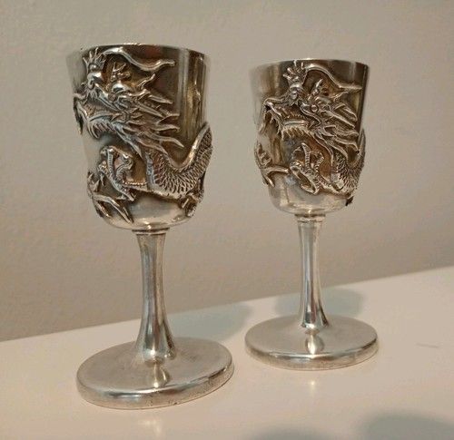 A Pair Of 19th Century Chinese Export Solid Silver Goblets By Luen Wo Shanghai