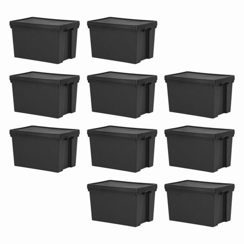 10 x 62L Black Storage Box with Lids Recycled Plastic Heavy Duty Stackable Boxes