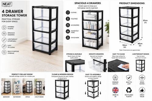 Modern 4 Drawer Plastic Storage Tower Clear Drawer HEAVY Unit  Office/ home / UK — image 6
