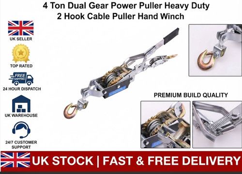 4 Ton Ratchet Cable Puller Dual Gear Hand Winch 2.3M Hoist 2 Hook Towing Device