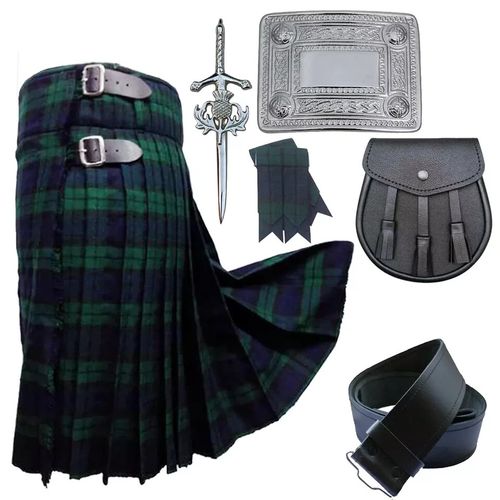 New Men's Scottish Kilt Set 5Yards Black Watch Tartan Sporran 6pcs Acrylic wool — image 1