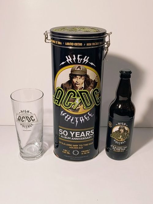 AC/DC High Voltage 50 Years 1976-2026 Collectors Beer Tin Glass And Empty Bottle