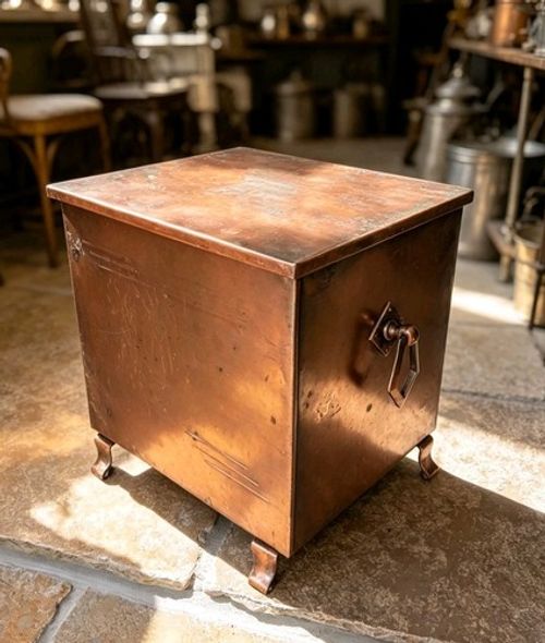 Antique Arts And Crafts Solid Copper Hinged Log/Coal bin Storage Box Circa 1905