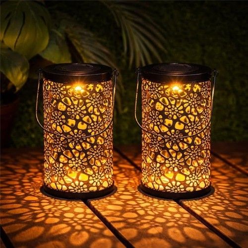 2 Pack Solar Moroccan Warm White LED Metal Hanging Outdoor Garden Lantern Set