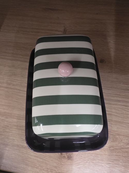 Ceramic Covered Butter Dish w/ Lid Green & White Striped Lid Purple Base 8x5" — image 2
