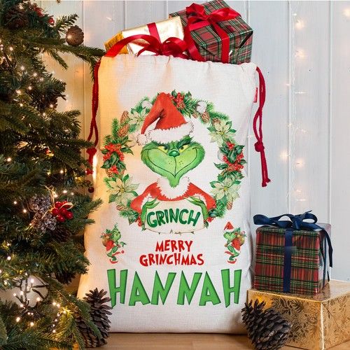 Personalised Grinch Santa Sack Christmas Bag Present Xmas Stocking Gift NS068