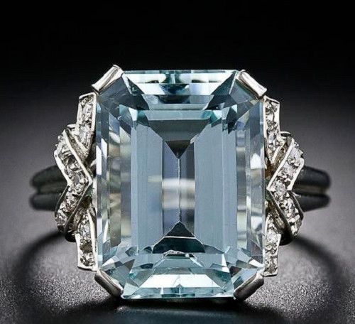 Vintage Art Deco style 9.69 CT Aquamarine 925 Sterling Silver wedding Ring