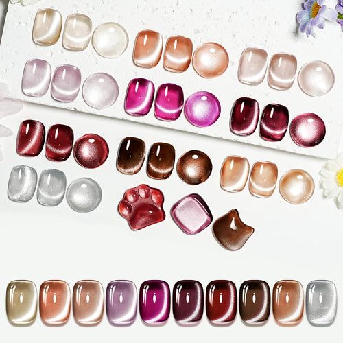 Cat Eye Gel Nail Polish Set 10 Colors Base Top Coat Magnet Pink Silver Purple